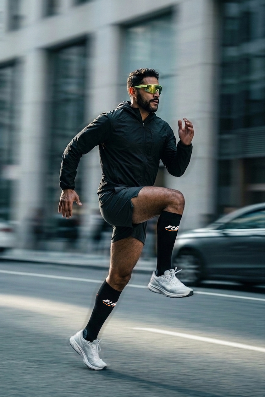 Athlete in motion wearing EliteFlow+ socks